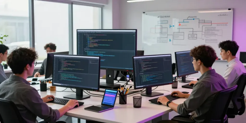 Collaboration marques et créateurs in a tech-focused workspace with developers enhancing software.