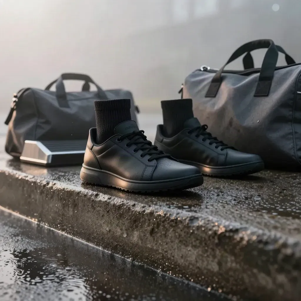 Matte black sneakers on a concrete curb with gym bag and steel block in dawn drizzle.