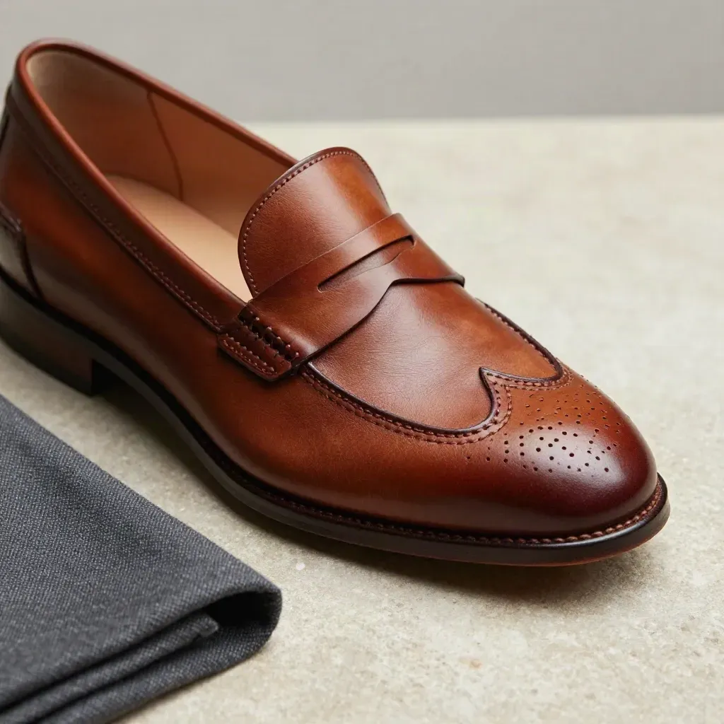 Macro leather loafer with cedar shoe tree, wool cuff and stone tray in soft side light.