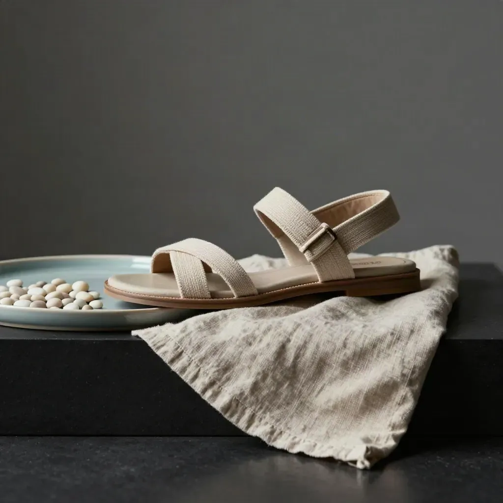 Low-angle sandal hero on linen fold with pebble tray, ceramic edge and cool studio light.