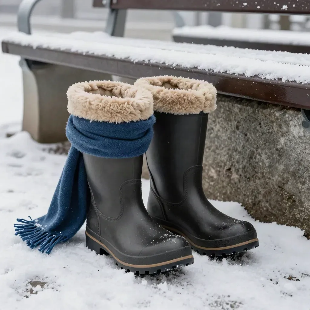 Insulated winter boots with a wool scarf on a slushy stone bench in misty light.