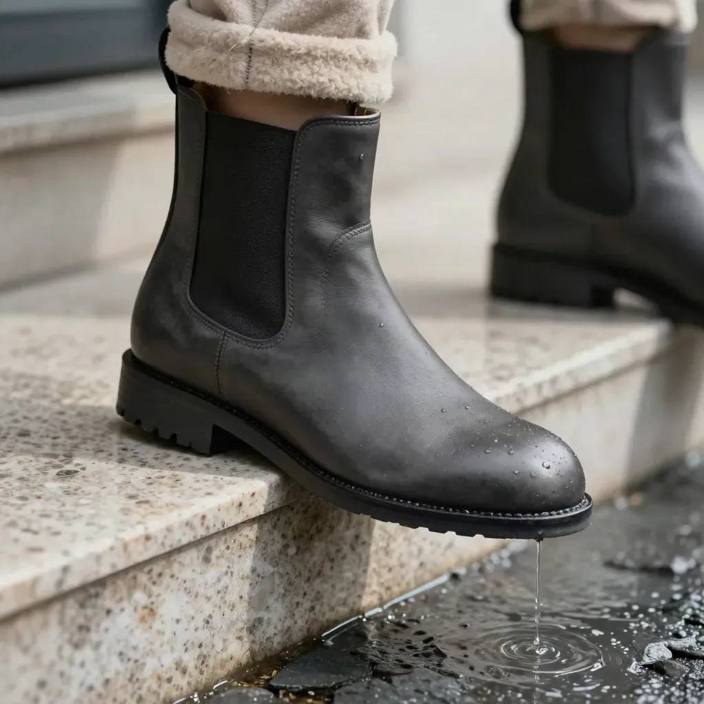 Waterproof Chelsea boot on a wet travertine step with rain beads and mist