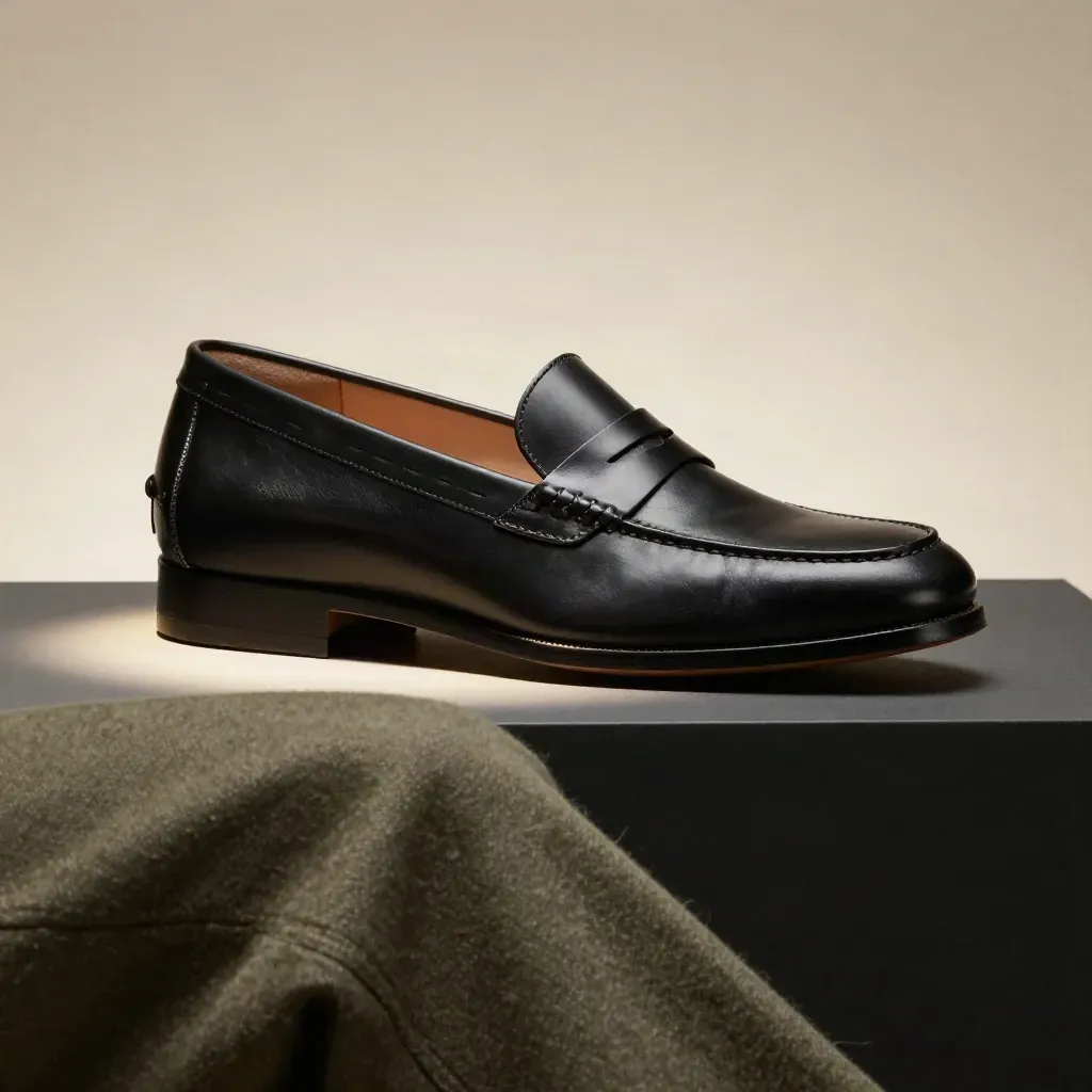 Macro side view of a smooth leather penny loafer with wool cuff and stone prop.