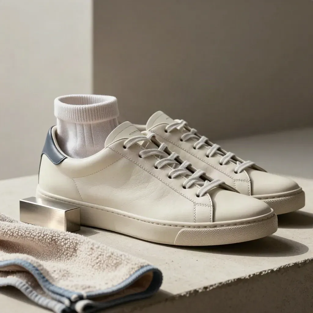 Close macro of two leather sneakers with a sock, towel and steel block on pale concrete.