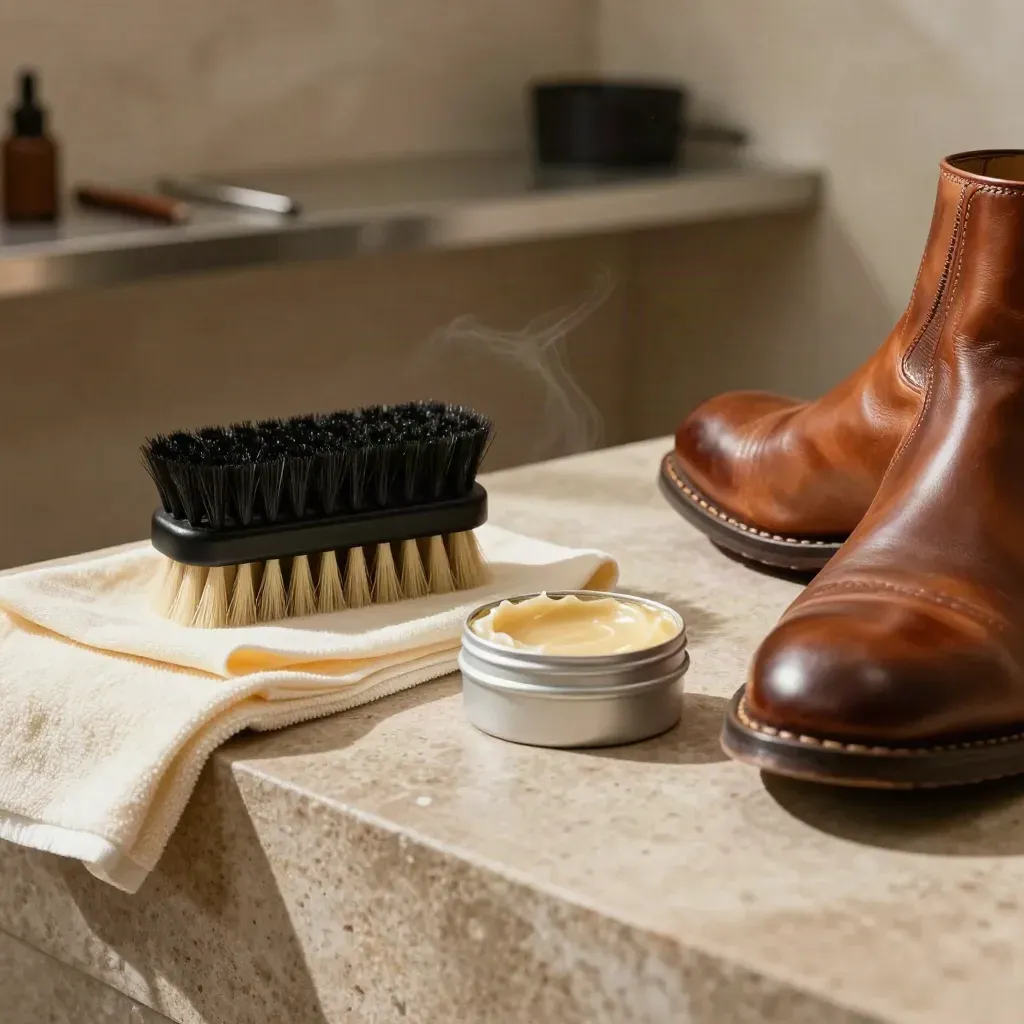 Leather care kit with brush, cloth, conditioner tin and towel on a stone counter