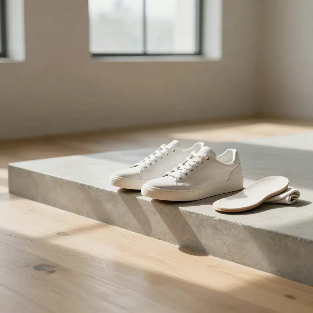White sneakers on a sunlit loft step with pale oak floor and soft window reflections.