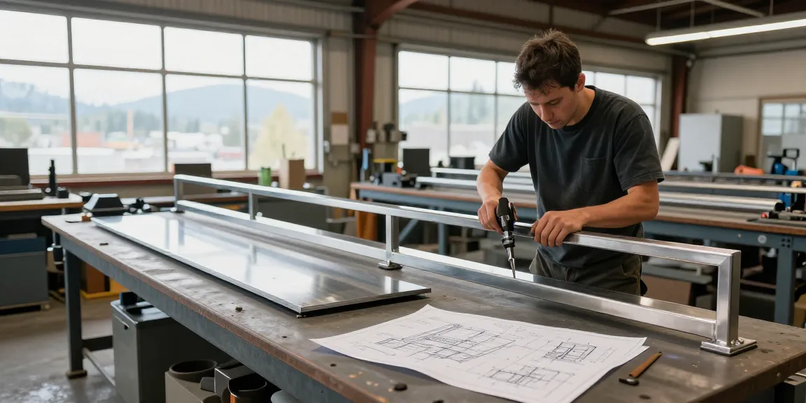 Custom metalwork North Vancouver craftsman welding steel railings in bright workshop