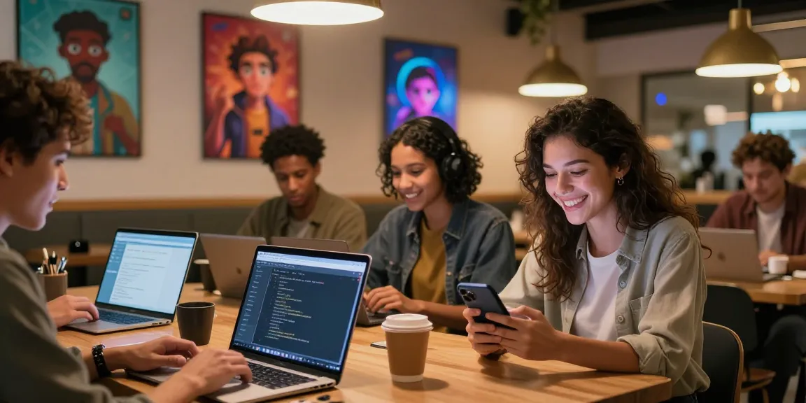 Diverse characters engaging in interactive conversations with AI companions in a modern tech cafe showcasing crushon ia.